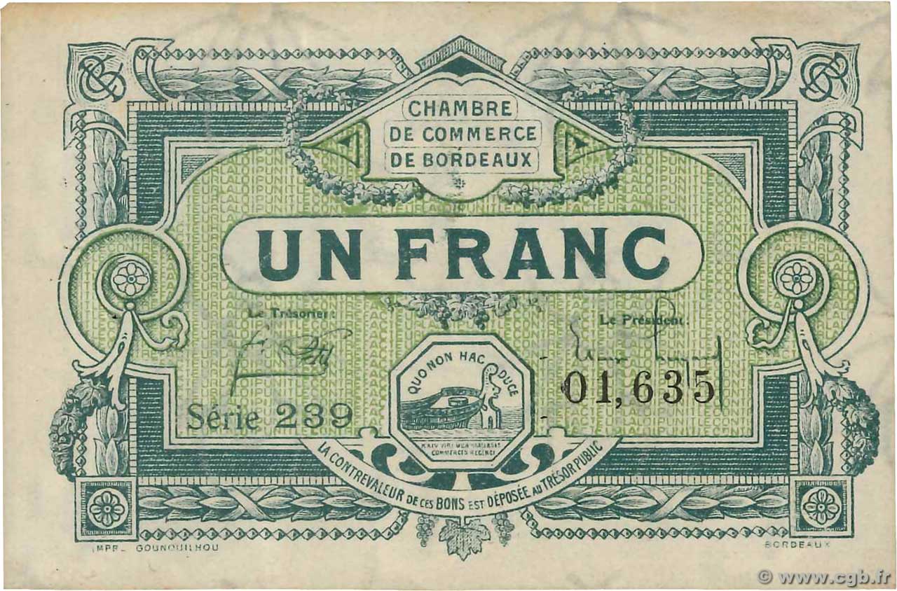 1 Franc FRANCE régionalisme et divers Bordeaux 1920 JP.030.26 TTB