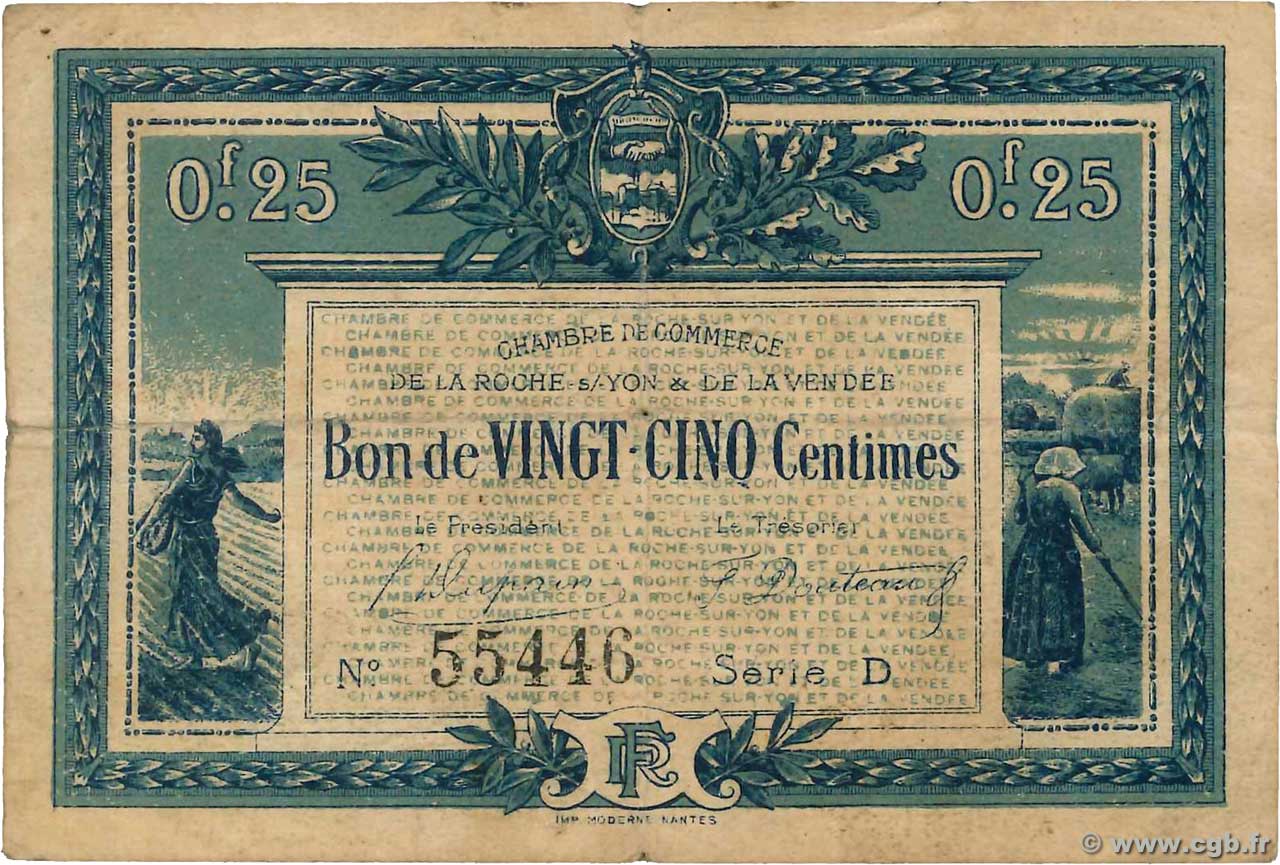25 Centimes FRANCE régionalisme et divers La Roche-Sur-Yon 1916 JP.065.26 TB