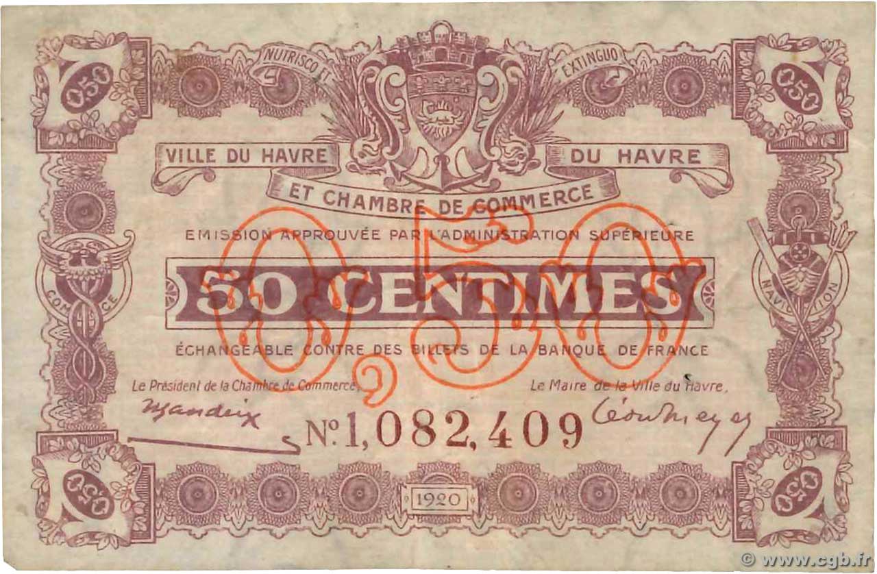 50 Centimes FRANCE régionalisme et divers Le Havre 1920 JP.068.26 TB