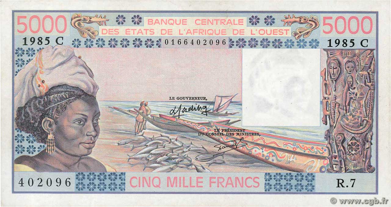 5000 Francs WEST AFRICAN STATES  1985 P.308Ck AU+