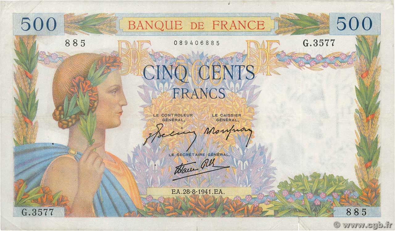 500 Francs LA PAIX FRANCE  1941 F.32.21 TB