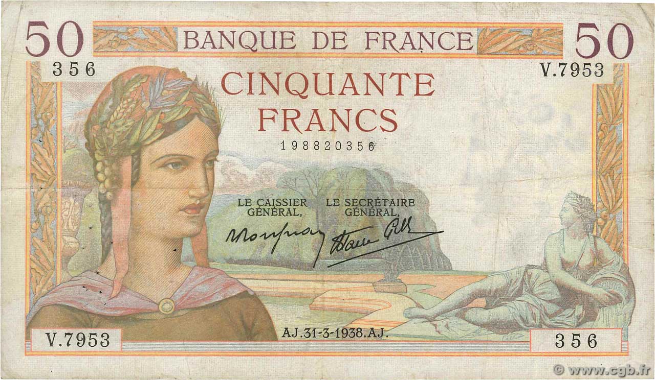 50 Francs CÉRÈS modifié FRANCE  1938 F.18.11 TB