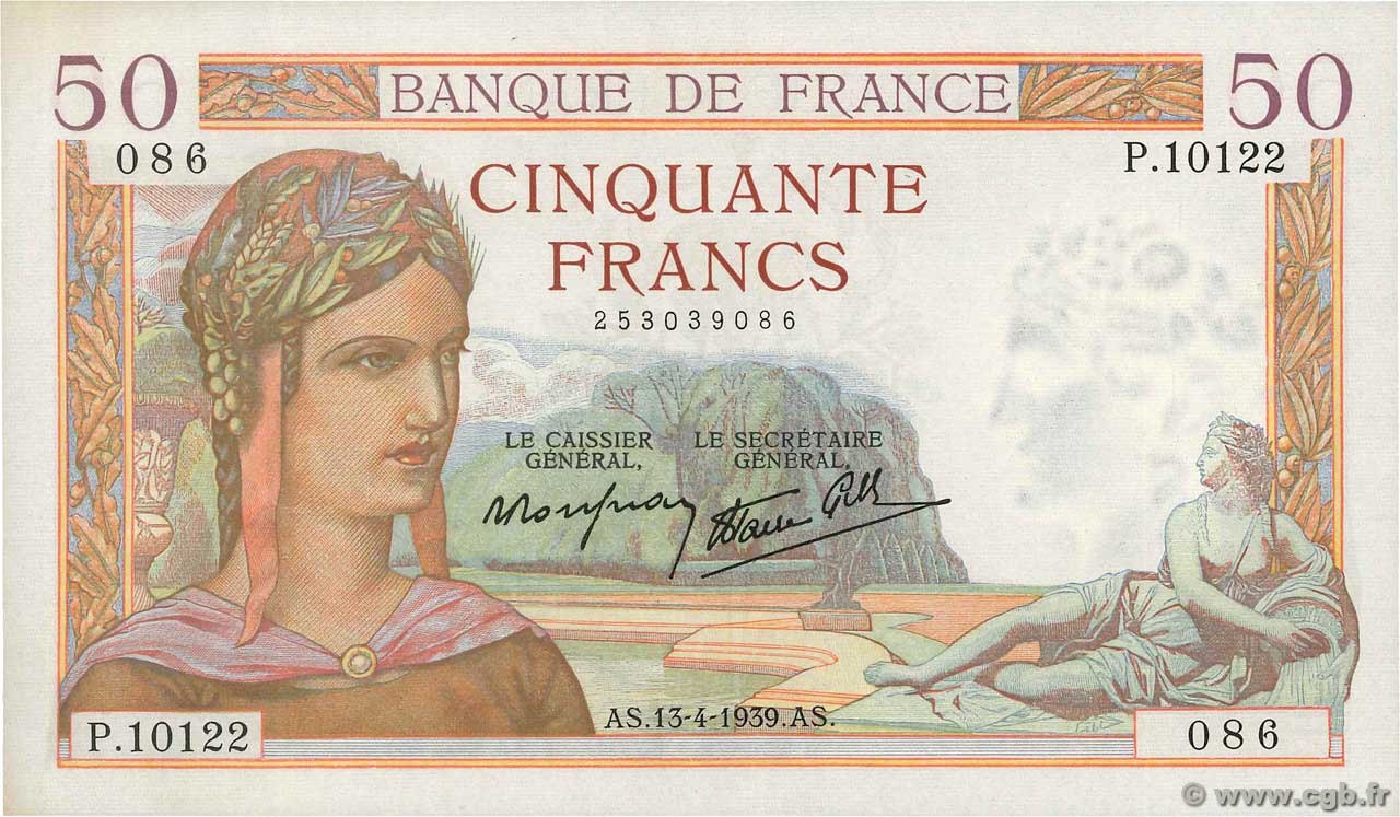 50 Francs CÉRÈS modifié FRANCE  1939 F.18.25 XF