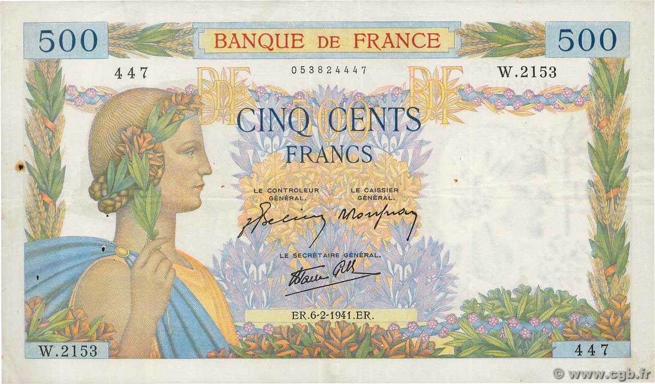 500 Francs LA PAIX FRANCE  1941 F.32.14 VF-