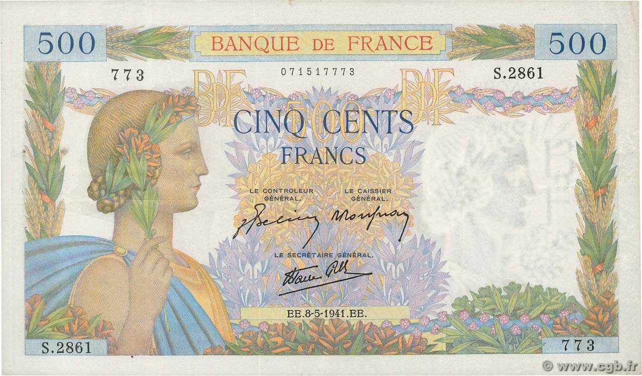 500 Francs LA PAIX FRANCE  1941 F.32.16 VF