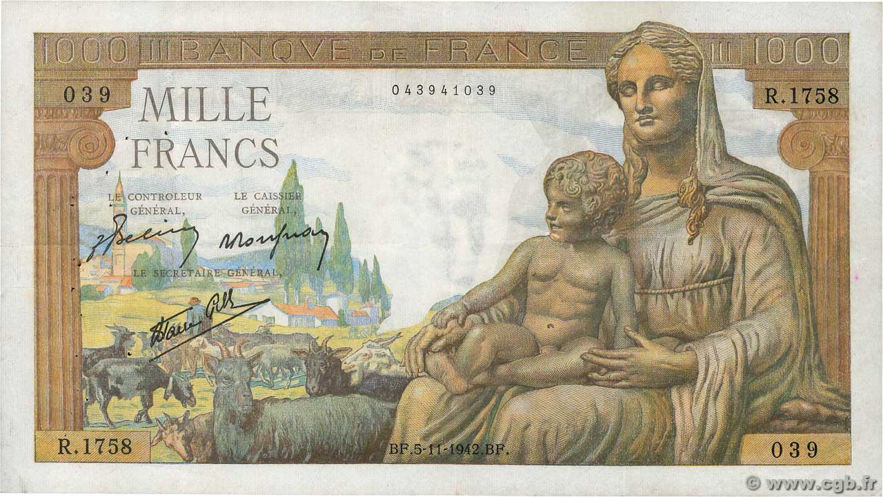 1000 Francs DÉESSE DÉMÉTER FRANCE  1942 F.40.10 VF