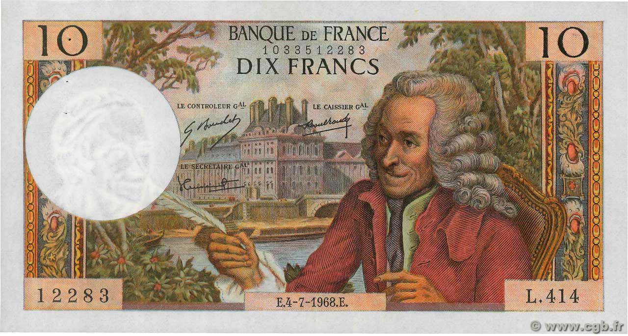 10 Francs VOLTAIRE FRANCE  1968 F.62.33 XF+