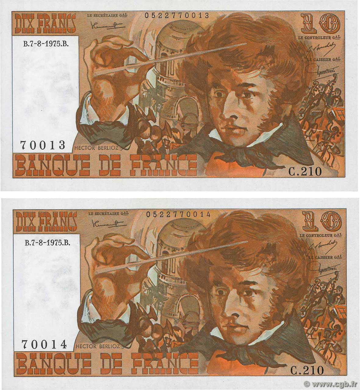 10 Francs BERLIOZ Consécutifs FRANCE  1975 F.63.12 SPL