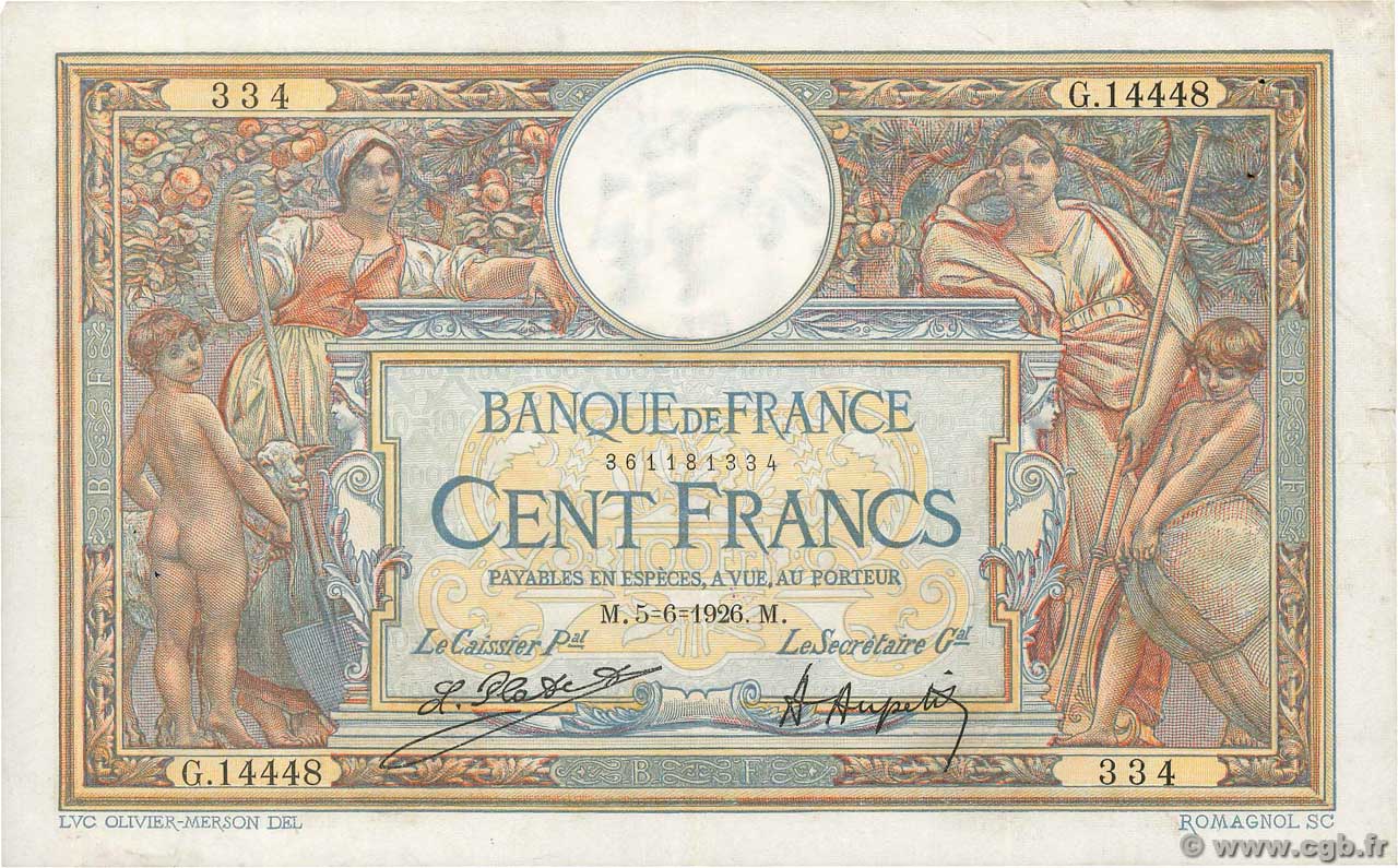 100 Francs LUC OLIVIER MERSON grands cartouches FRANCE  1926 F.24.04 VF