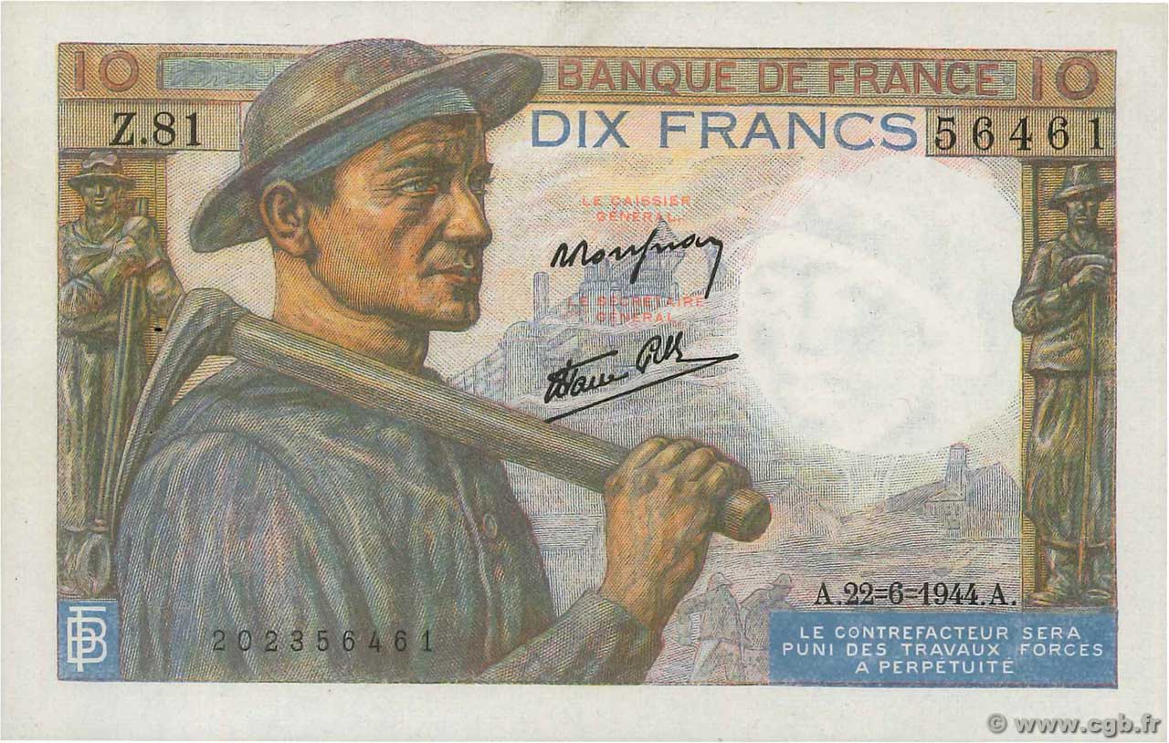 10 Francs MINEUR FRANCIA  1944 F.08.12 SPL