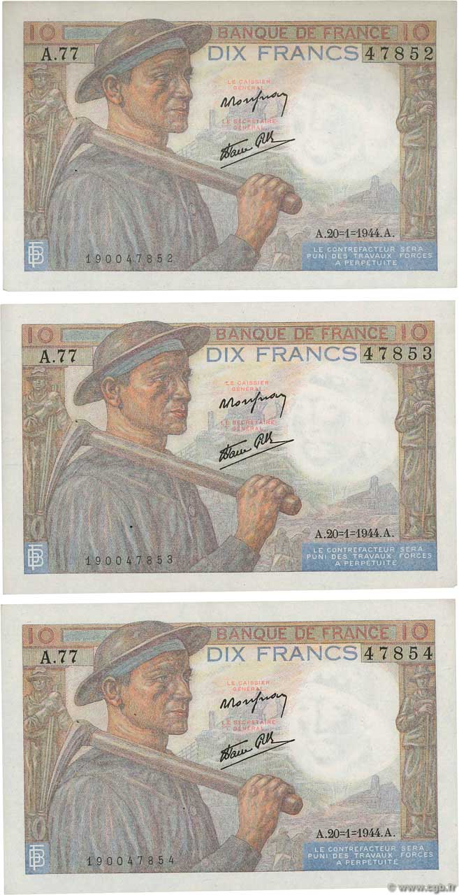 10 Francs MINEUR Consécutifs FRANCE  1944 F.08.11 VF+