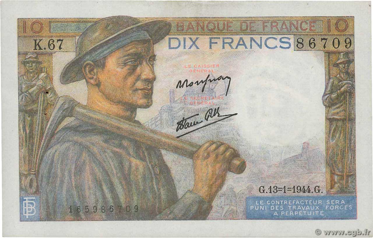 10 Francs MINEUR FRANCE  1944 F.08.10 SUP