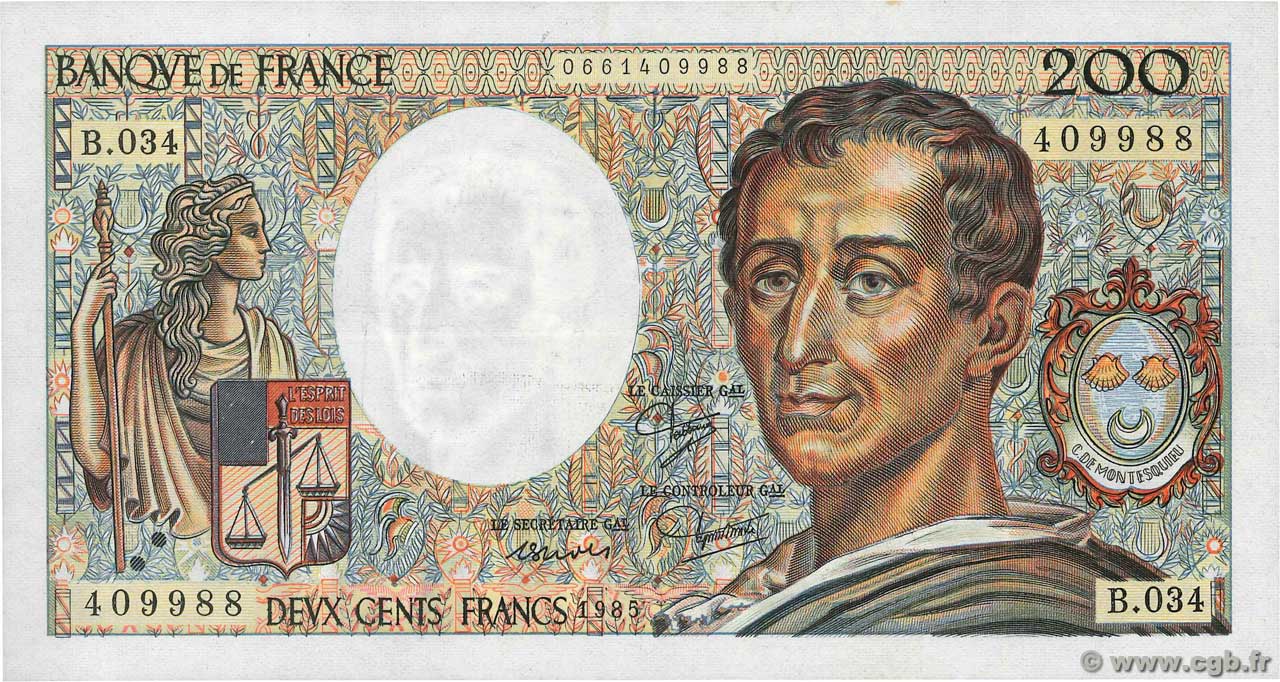 200 Francs MONTESQUIEU FRANCIA  1985 F.70.05 SPL