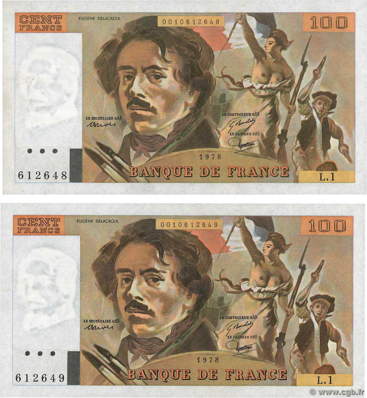 100 Francs DELACROIX Consécutifs FRANCIA  1978 F.68.01 q.SPL