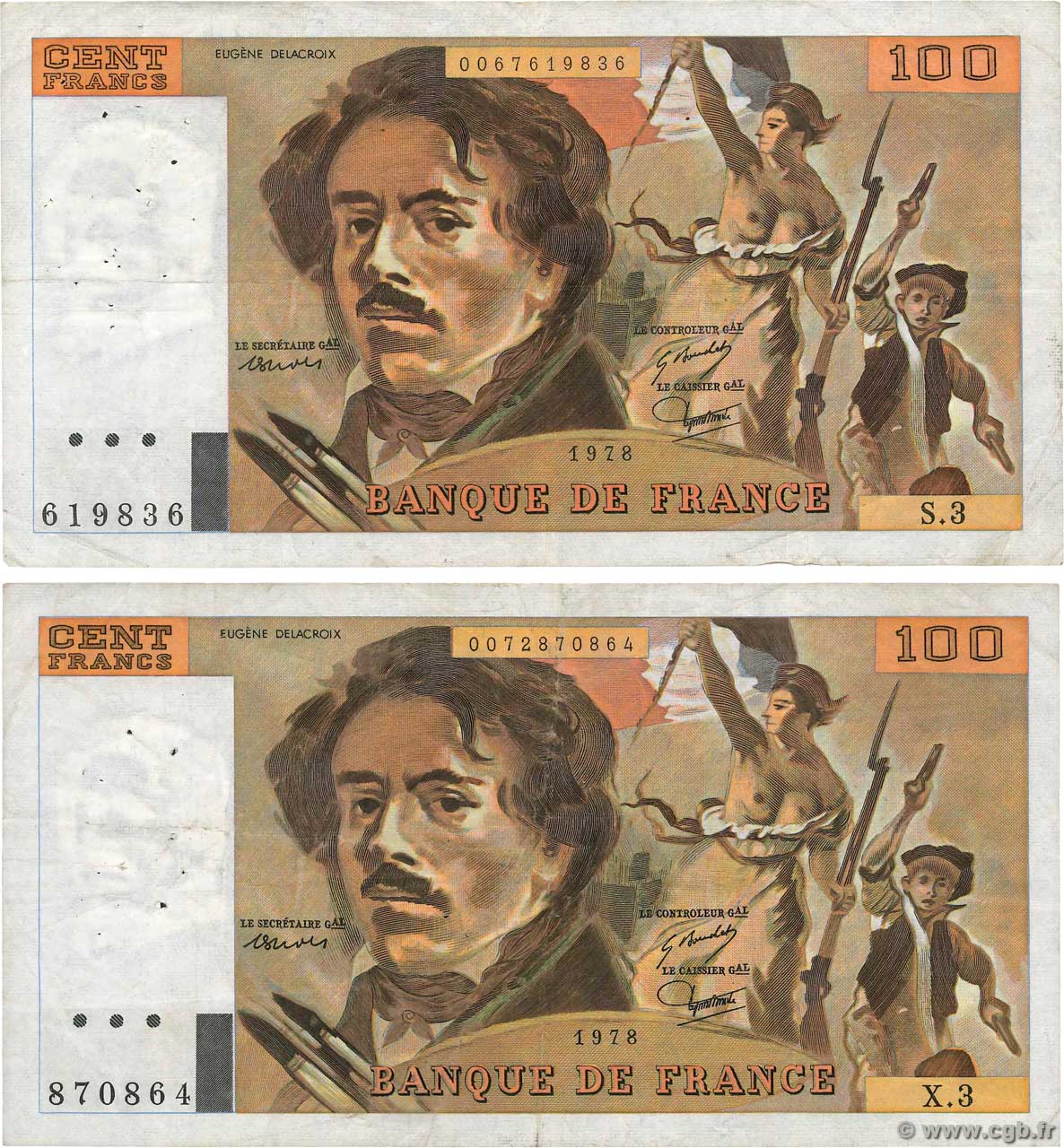 100 Francs DELACROIX Lot FRANCE  1978 F.68.03 et F.69.01b F