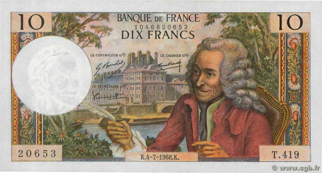 10 Francs VOLTAIRE FRANKREICH  1968 F.62.33 VZ