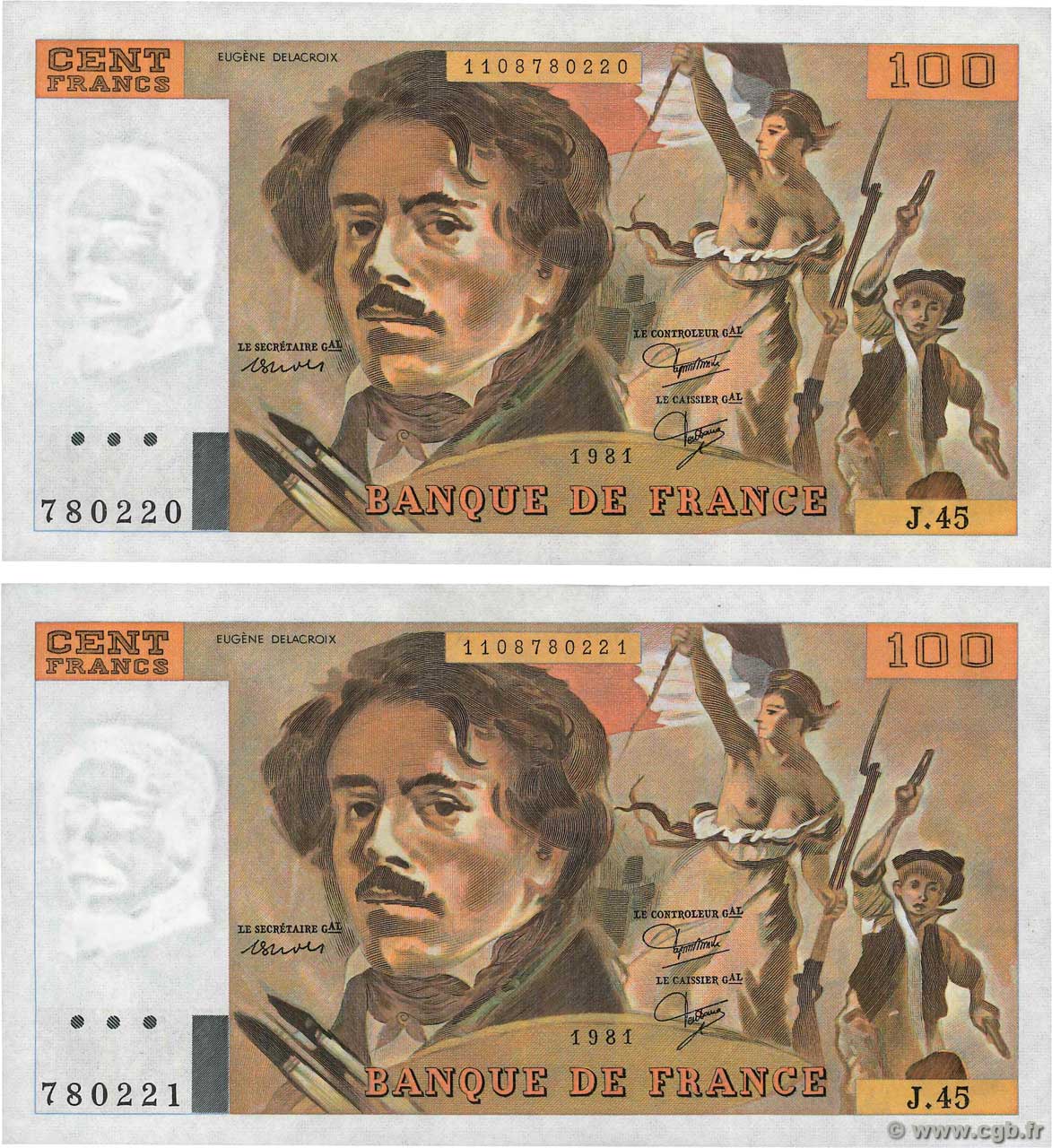 100 Francs DELACROIX modifié Consécutifs FRANCE  1981 F.69.05 AU-