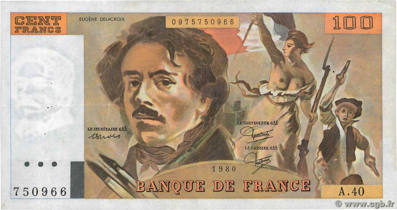 100 Francs DELACROIX modifié FRANCE  1980 F.69.04b VF