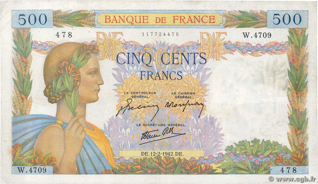 500 Francs LA PAIX FRANCIA  1942 F.32.29 BC+