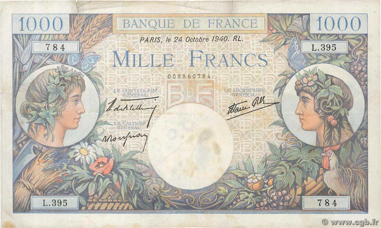 1000 Francs COMMERCE ET INDUSTRIE FRANCIA  1940 F.39.01 BC+