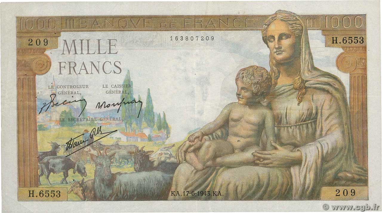 1000 Francs DÉESSE DÉMÉTER FRANCIA  1943 F.40.27 MBC