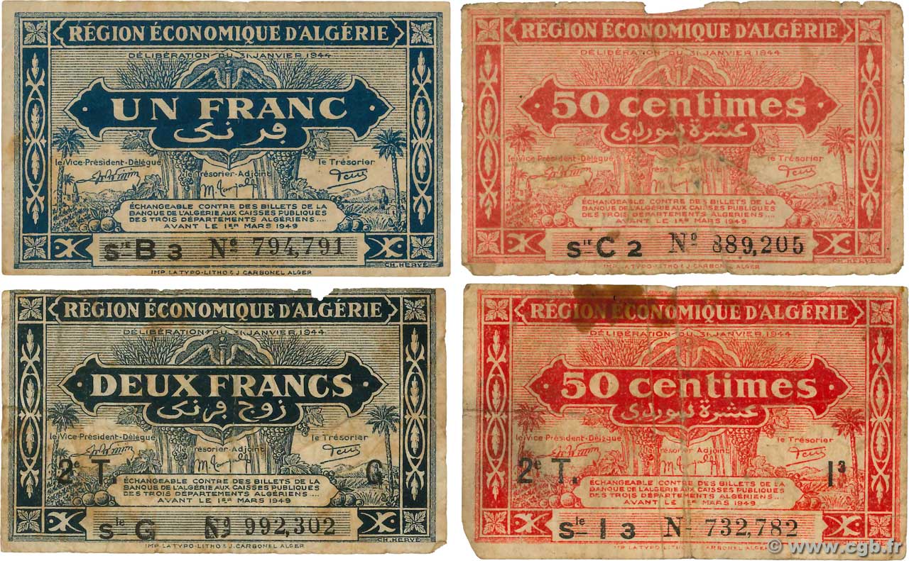 50 Centimes, 1 et 2 Francs Lot ALGERIEN  1944 P.097a, P098a, P.100 et P.102 SGE to S
