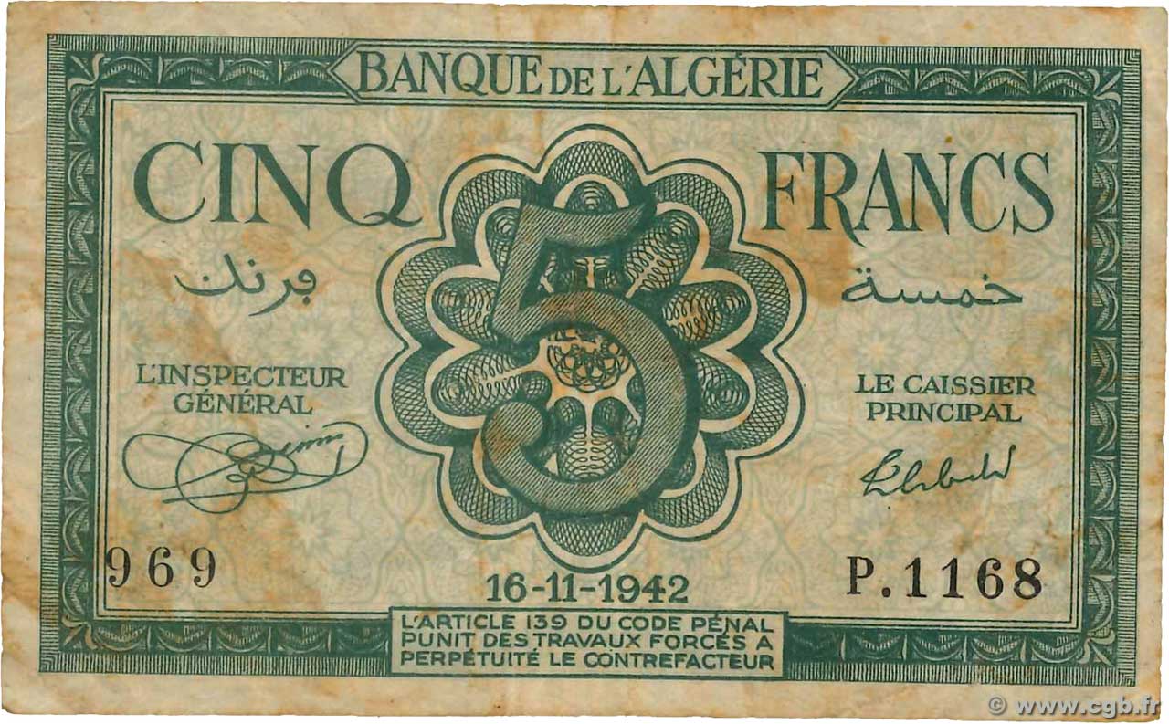 5 Francs ALGÉRIE  1942 P.091 TB