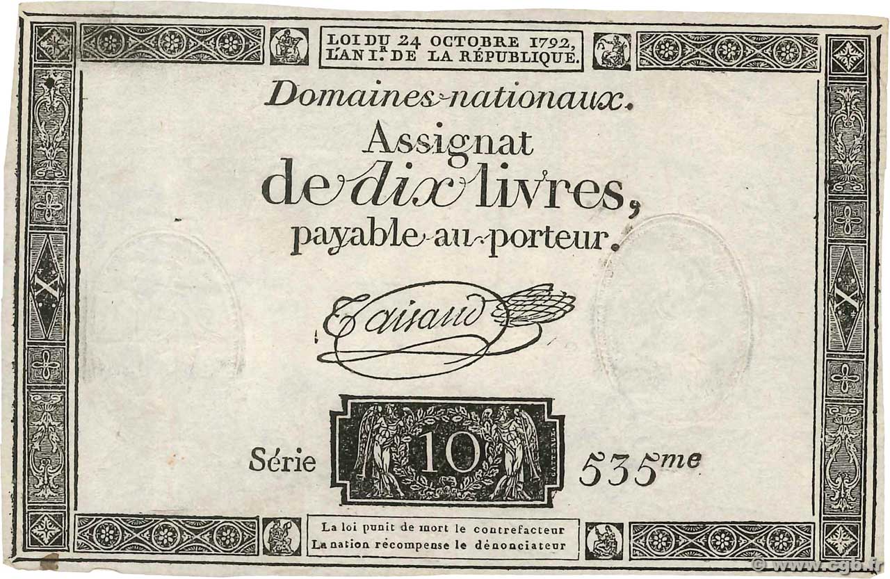 10 Livres filigrane républicain FRANCE  1792 Ass.36b VF+
