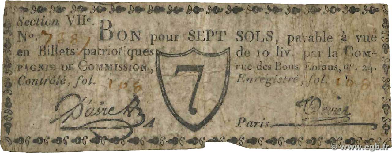 7 Sols FRANCE Regionalismus und verschiedenen Paris 1792 Kc.75.074 SGE