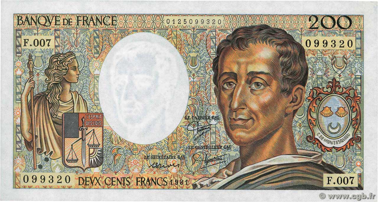 200 Francs MONTESQUIEU FRANCE  1981 F.70.01 VF+