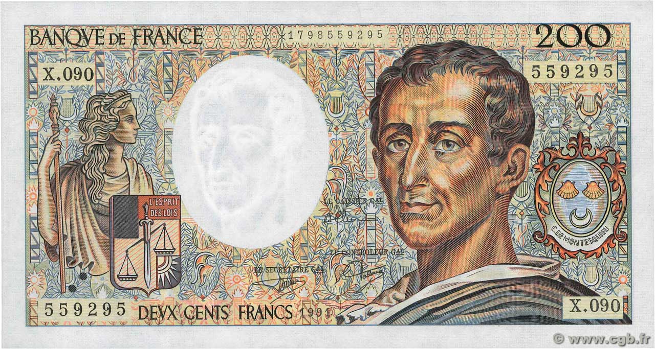 200 Francs MONTESQUIEU FRANCIA  1991 F.70.11 AU+