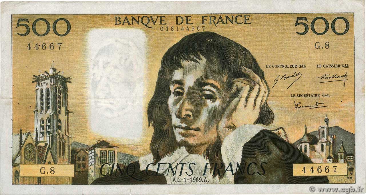 500 Francs PASCAL FRANCE  1969 F.71.03 TB