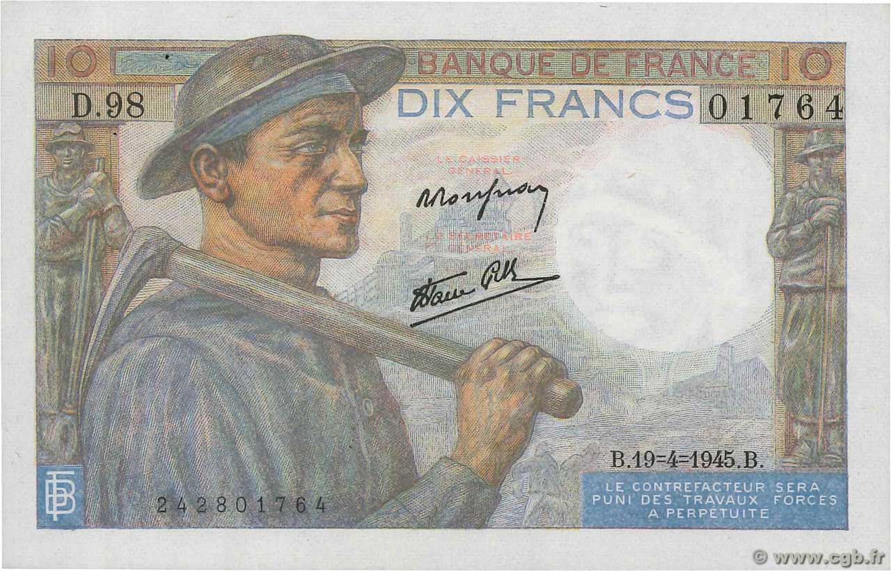 10 Francs MINEUR FRANCE  1945 F.08.13 AU