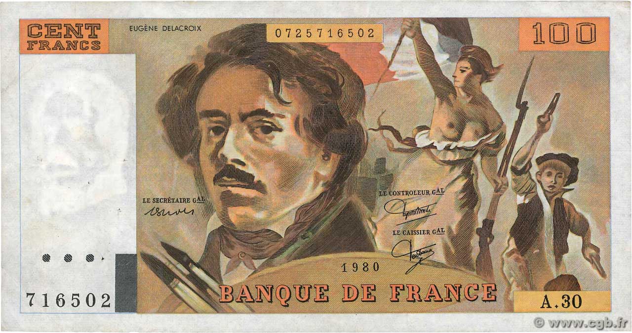 100 Francs DELACROIX modifié FRANCE  1980 F.69.04a F+
