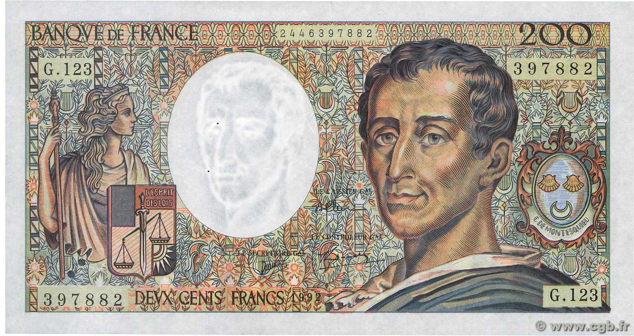 200 Francs MONTESQUIEU FRANCIA  1992 F.70.12b SPL