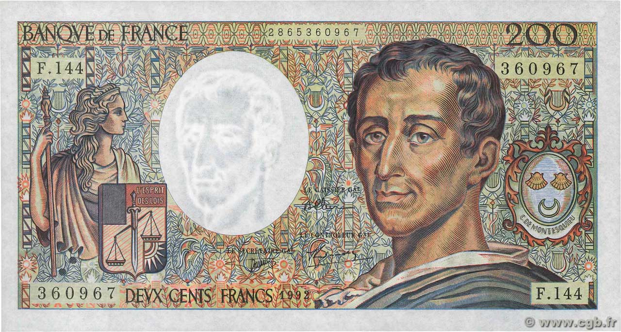200 Francs MONTESQUIEU FRANCE  1992 F.70.12c UNC-