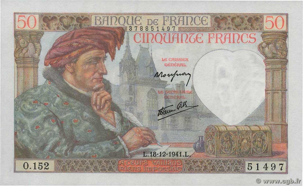 50 Francs JACQUES CŒUR FRANCE  1941 F.19.17 UNC-