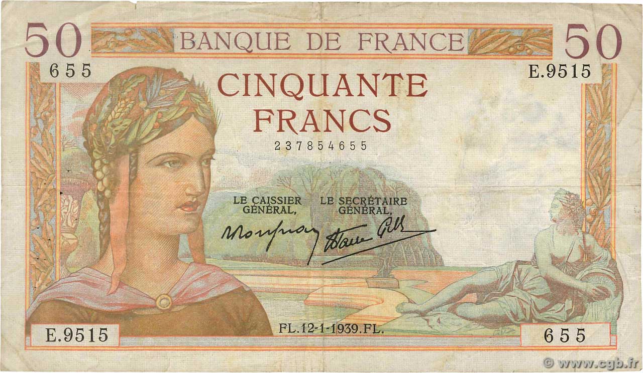 50 Francs CÉRÈS modifié FRANCE  1939 F.18.20 TB