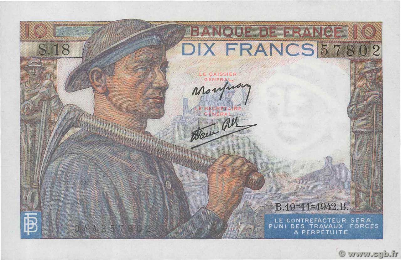 10 Francs MINEUR FRANCE  1942 F.08.05 AU+