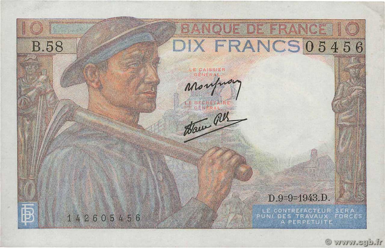 10 Francs MINEUR FRANCE  1943 F.08.09 SUP