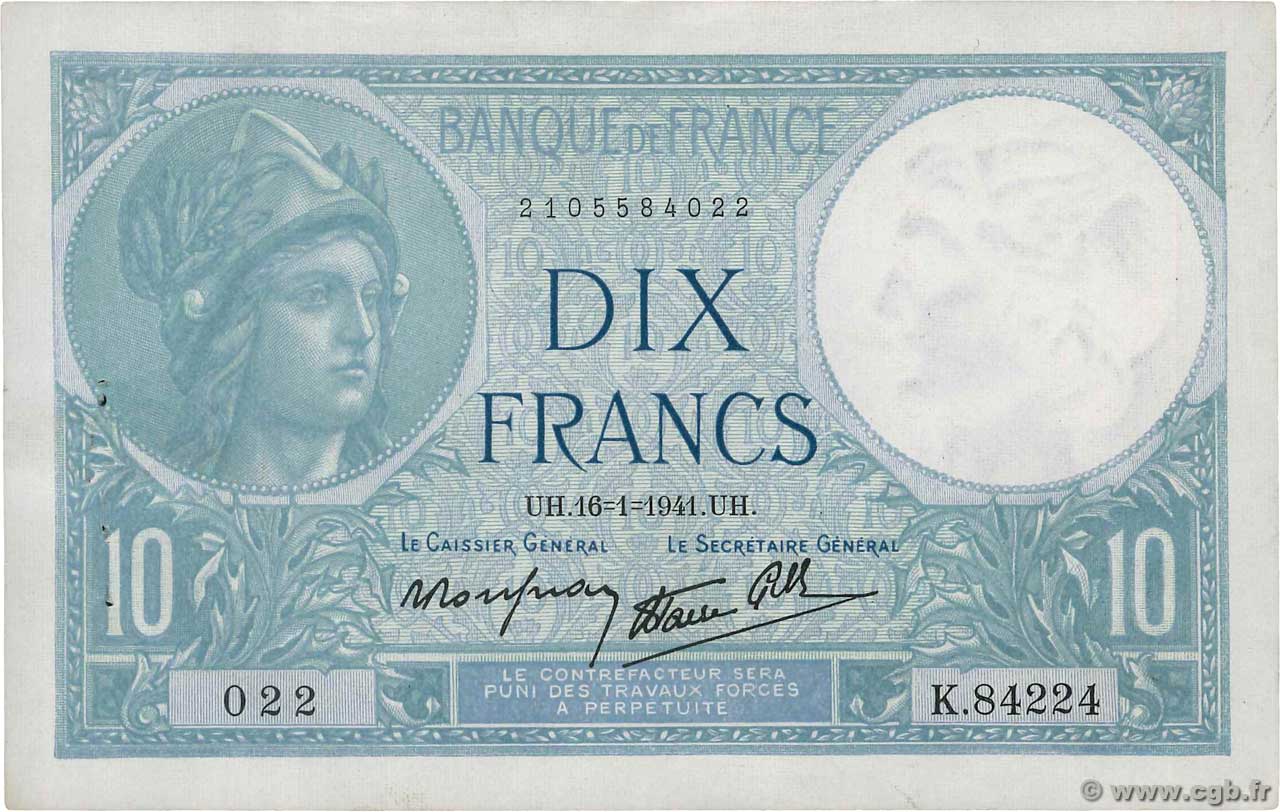 10 Francs MINERVE modifié FRANCE  1941 F.07.28 pr.SUP