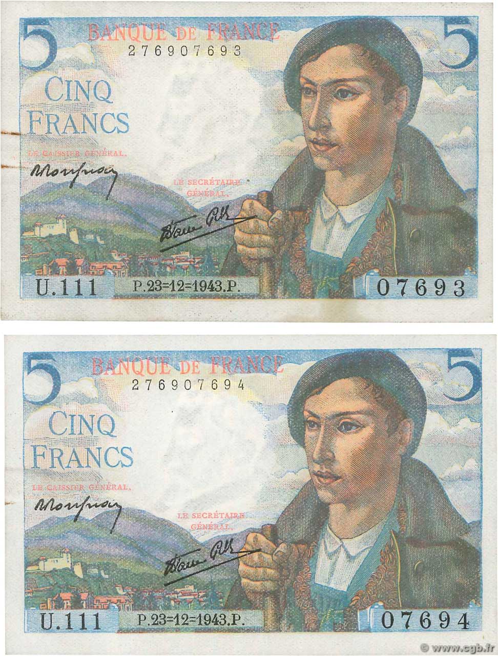 5 Francs BERGER Consécutifs FRANCE  1943 F.05.05 SUP