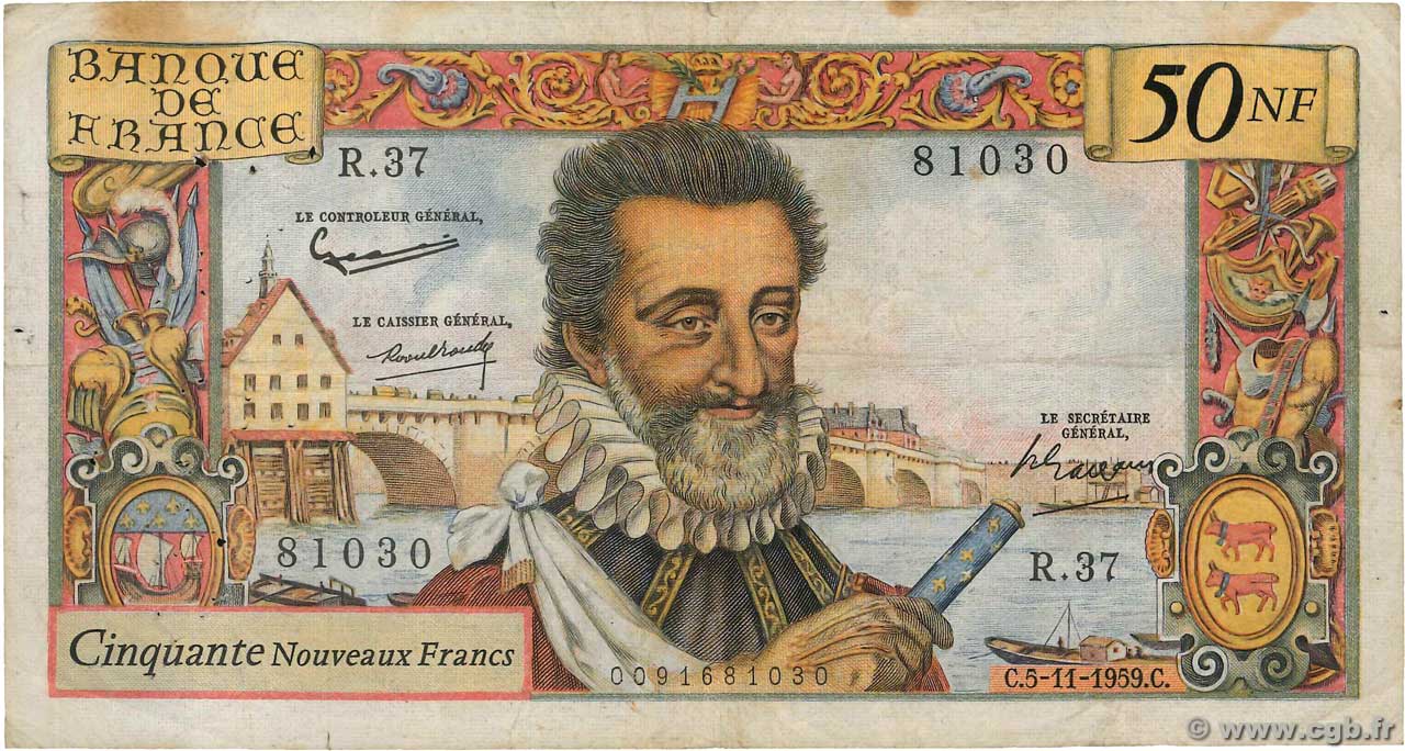 50 Nouveaux Francs HENRI IV FRANCIA  1959 F.58.04 q.MB