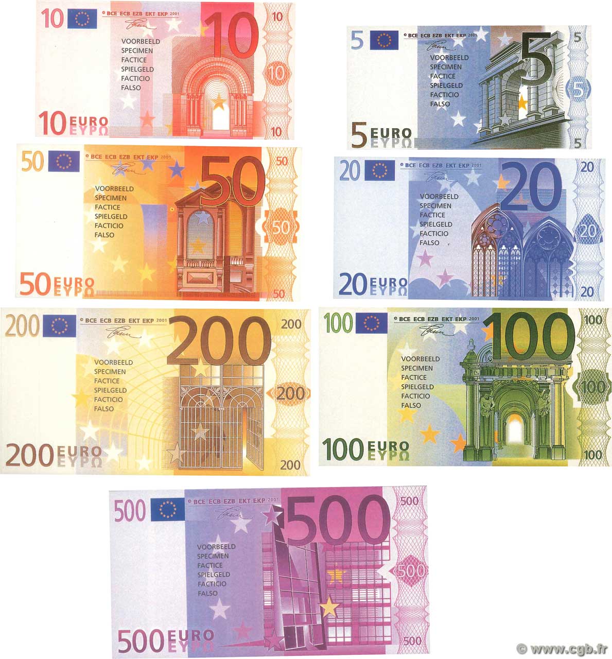 Lot de 7 Billets Spécimens EUROS Fantaisie  Échantillon FRANCE regionalismo e varie  2001  FDC