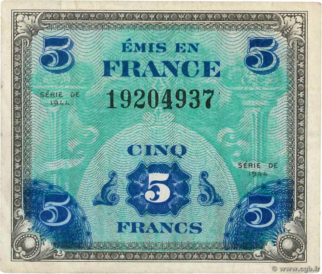 5 Francs DRAPEAU FRANKREICH  1944 VF.17.01 fSS