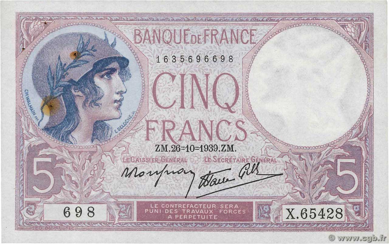5 Francs FEMME CASQUÉE modifié FRANCE  1939 F.04.13 pr.SUP