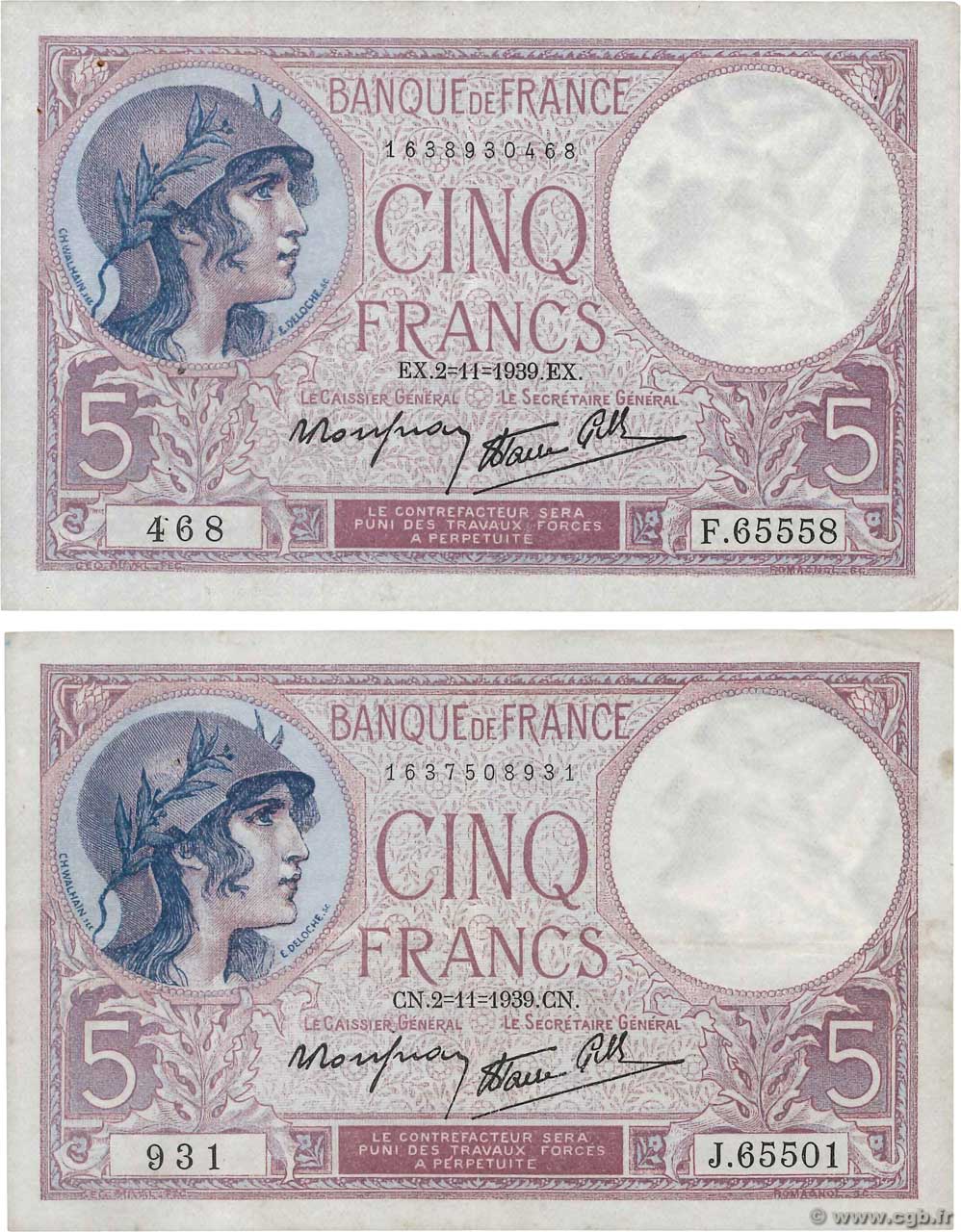 5 Francs FEMME CASQUÉE modifié Lot FRANKREICH  1939 F.04.14 SS