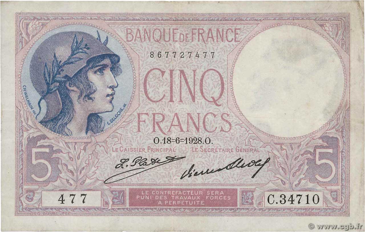 5 Francs FEMME CASQUÉE FRANCE  1928 F.03.12 TB