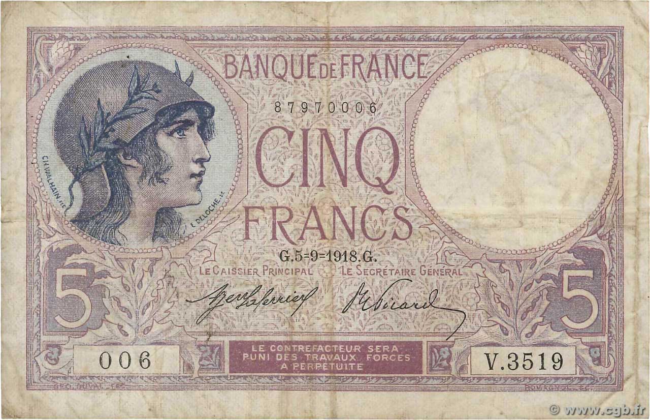 5 Francs FEMME CASQUÉE FRANKREICH  1918 F.03.02 fS