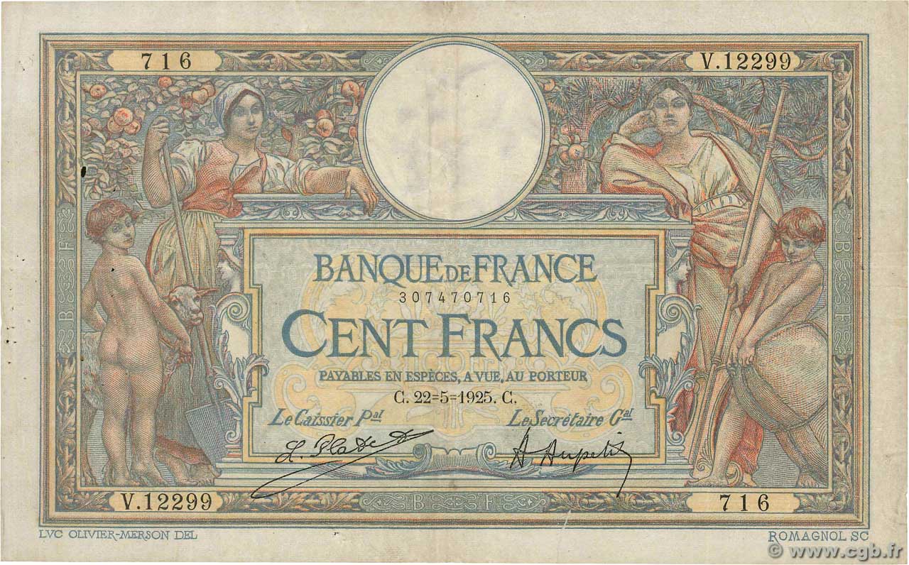 100 Francs LUC OLIVIER MERSON grands cartouches FRANCIA  1925 F.24.03 MB